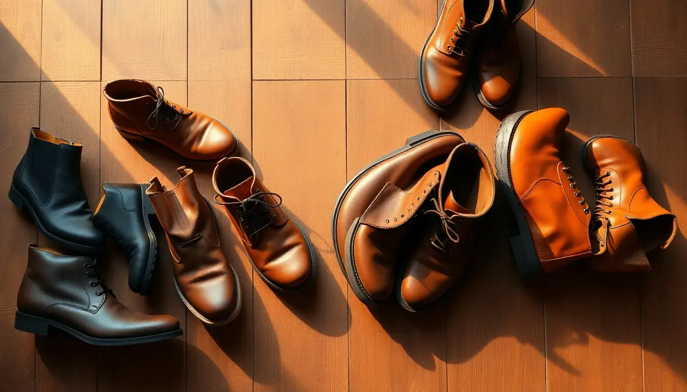 Sélection élégante de bottes en cuir marron pour femme disposées sur un sol en bois rustique
