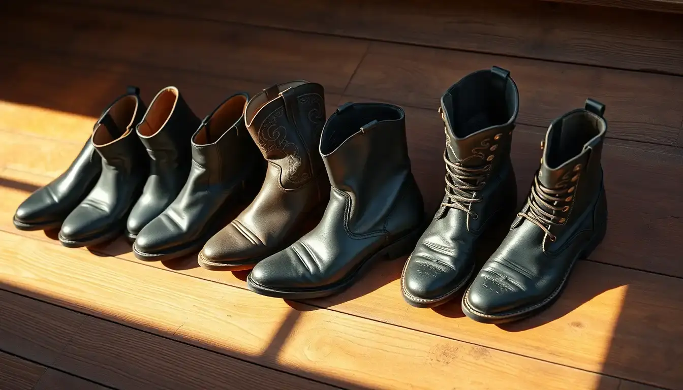 Différents styles de bottes en cuir noir pour femme exposées sur un sol en bois chaleureux