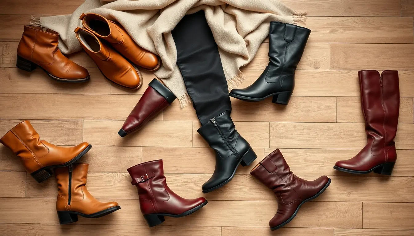 Collection de bottes en cuir souple pour femme aux teintes automnales sur parquet en bois.