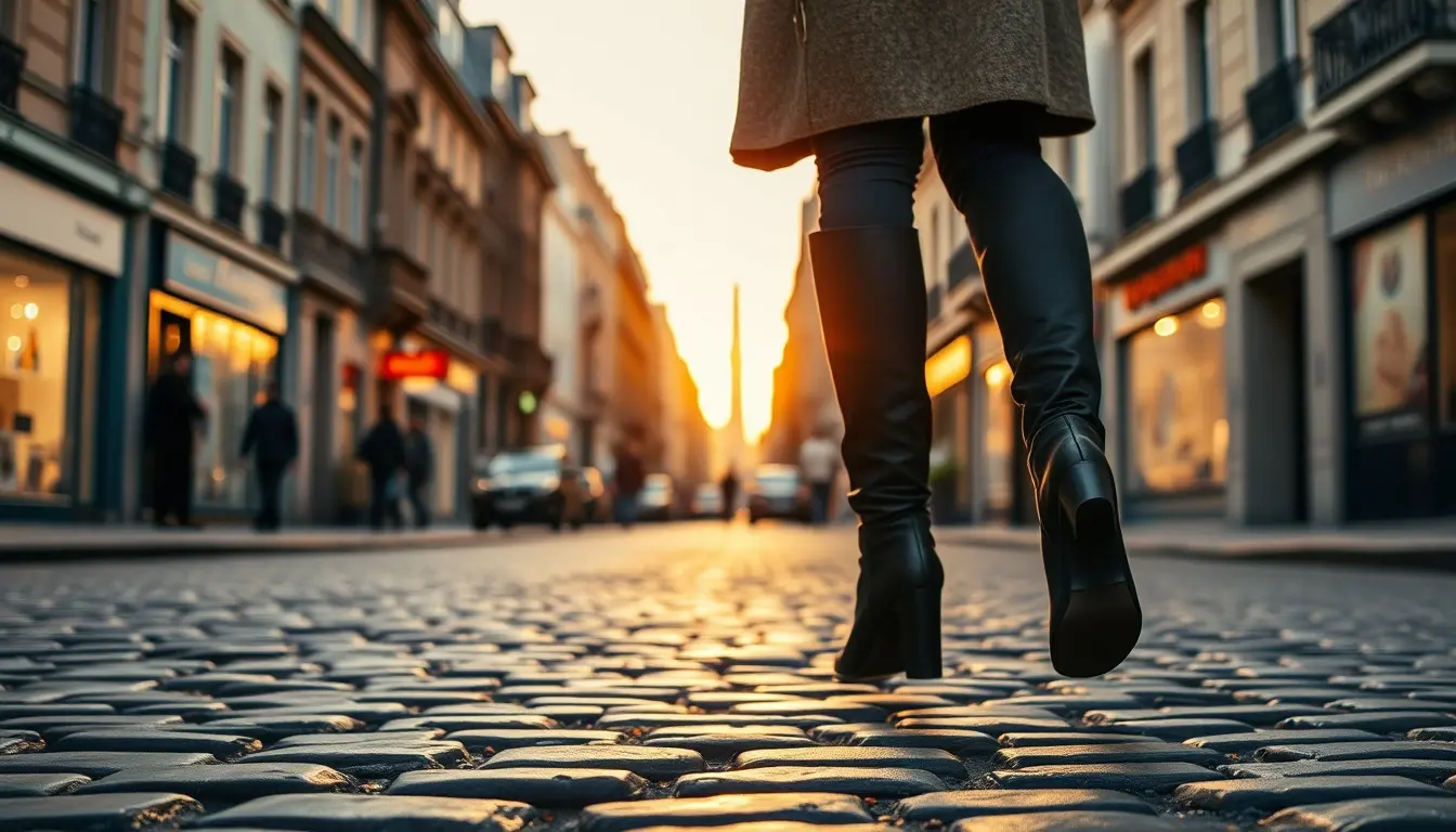Femme élégante portant des bottes en cuir noir sur un trottoir en ville