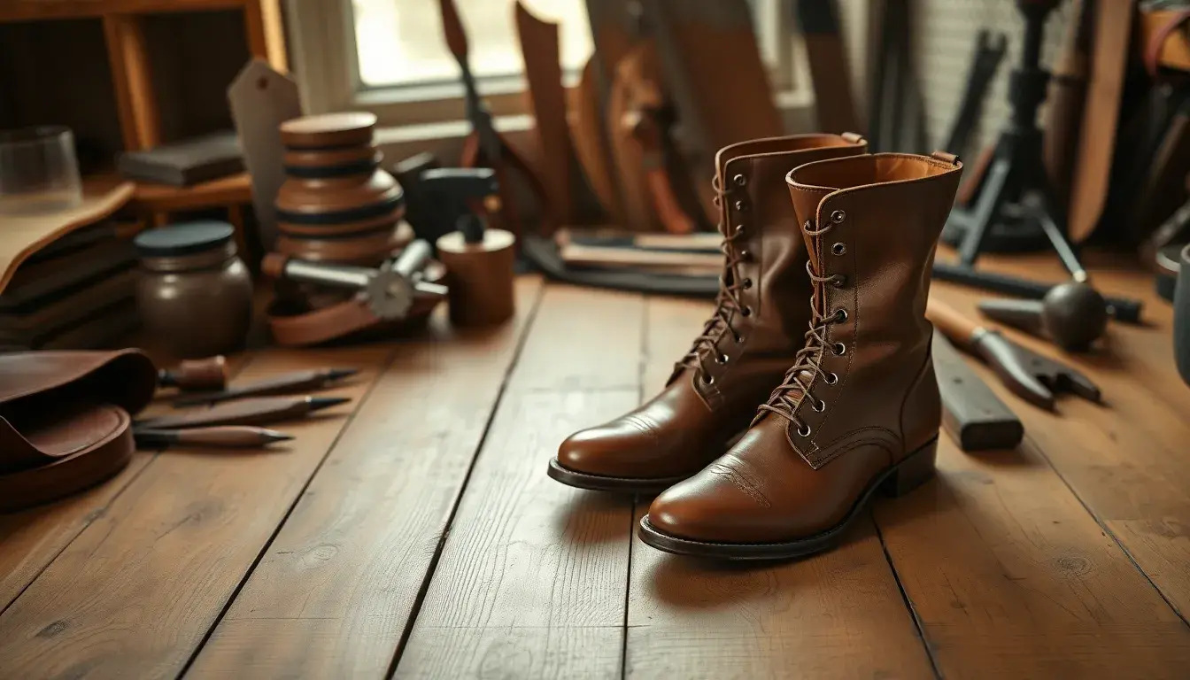Bottes femmes marron cuir de haute qualité posées sur un parquet rustique avec une lumière douce