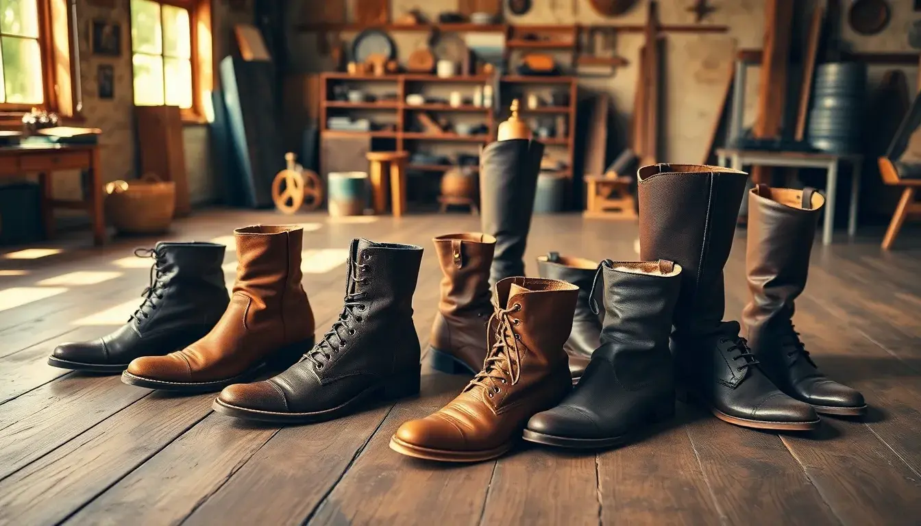 Sélection de bottes marron cuir femme de différents styles dans un atelier artisanal