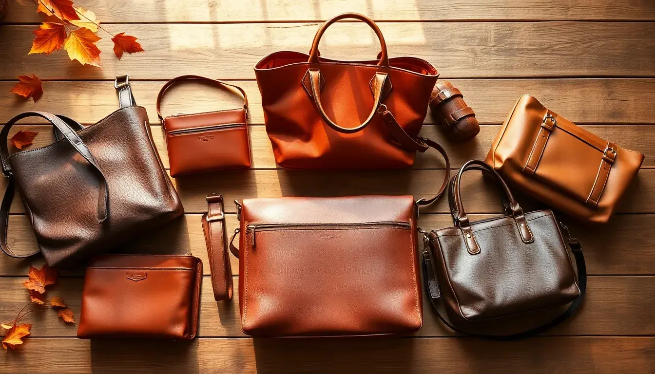 Collection élégante de sacs cuir femme disposés sur une table en bois rustique sous une lumière naturelle.