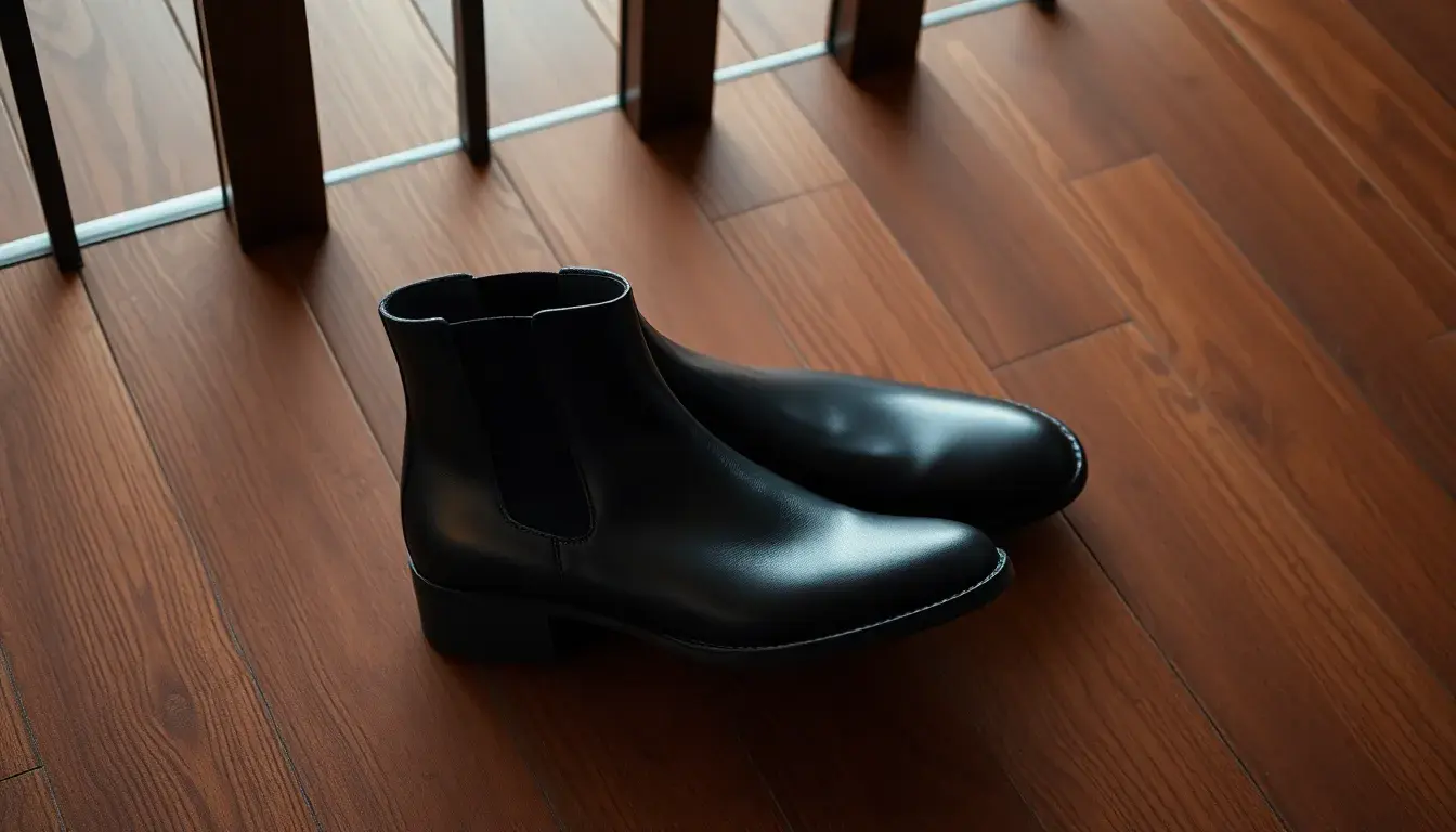 Paire de bottines en cuir noir de haute qualité sur un parquet en bois rustique