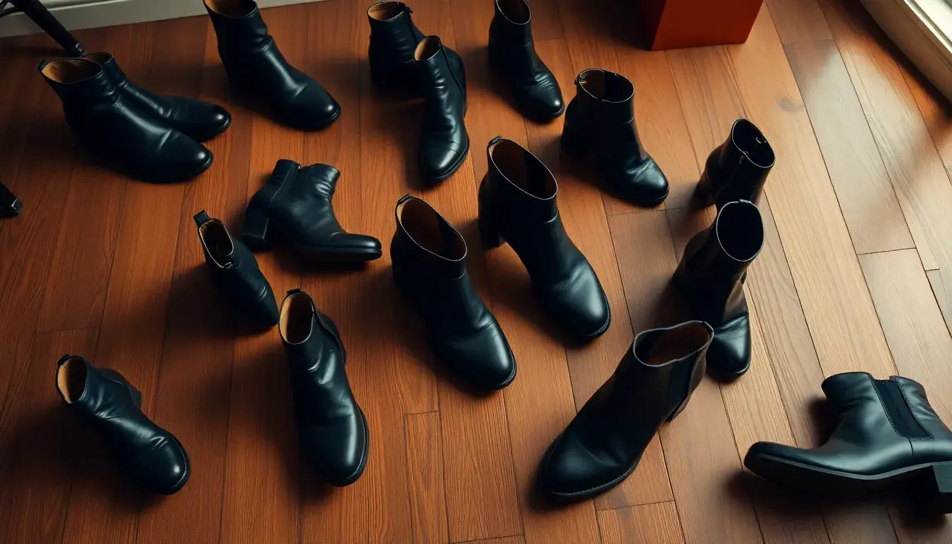 Différents styles de bottines femme noir en cuir de haute qualité sur un parquet chaleureux