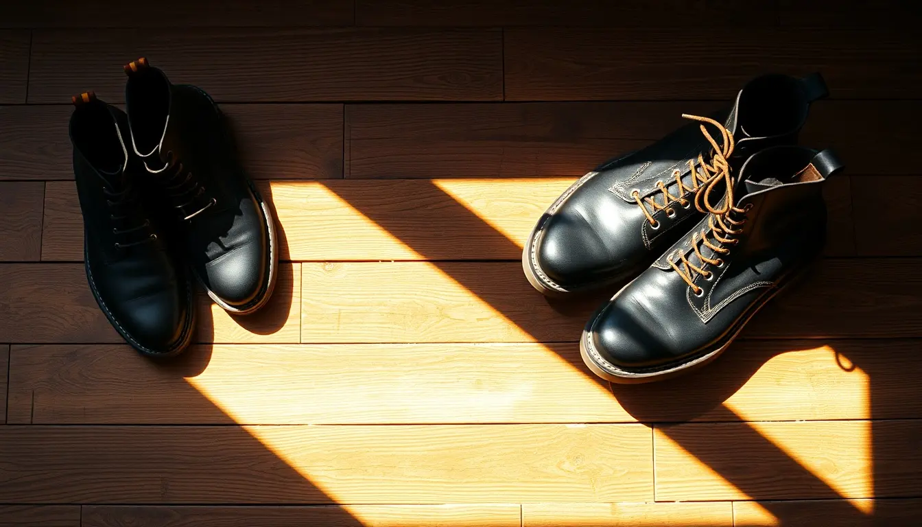 Collection de bottines en cuir noir de haute qualité posées sur un parquet en bois rustique