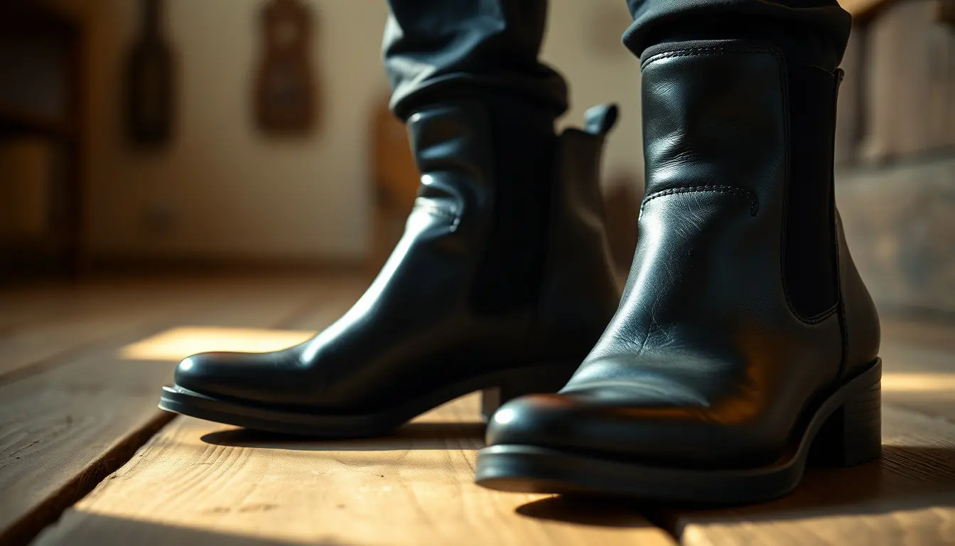 Paire de bottines en noir cuir de haute qualité sur parquet