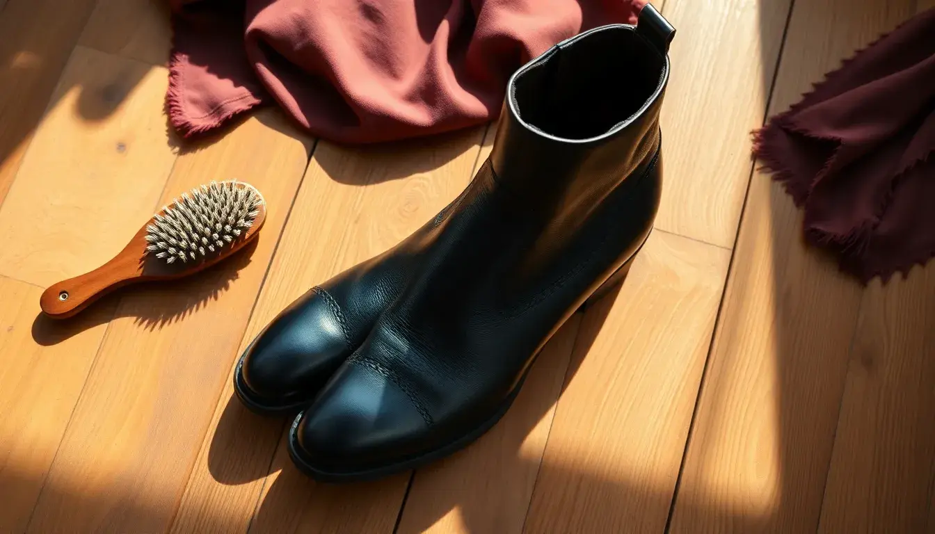 Bottines en cuir noir élégantes sur un sol en bois avec accessoires d'entretien.