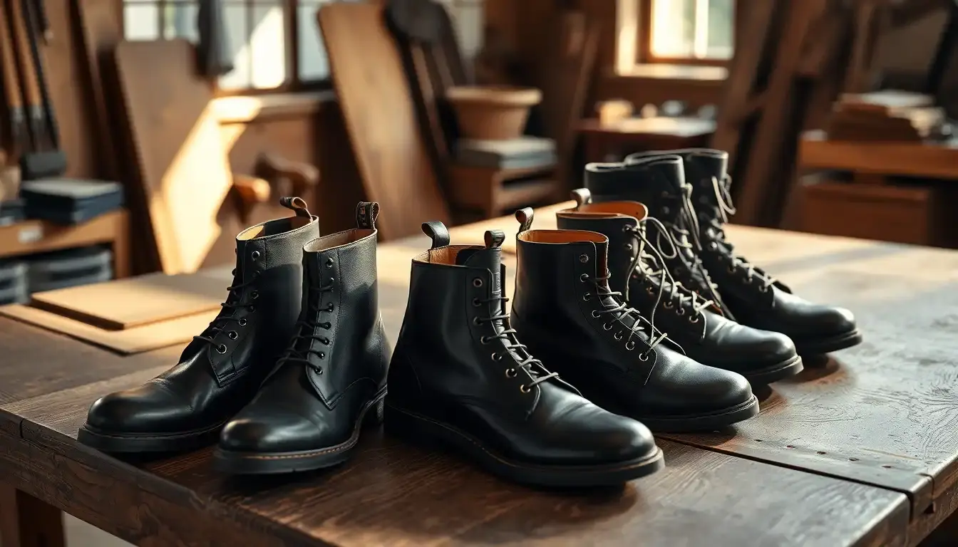 Sélection de bottines noires en cuir de haute qualité sur un plan de travail en bois