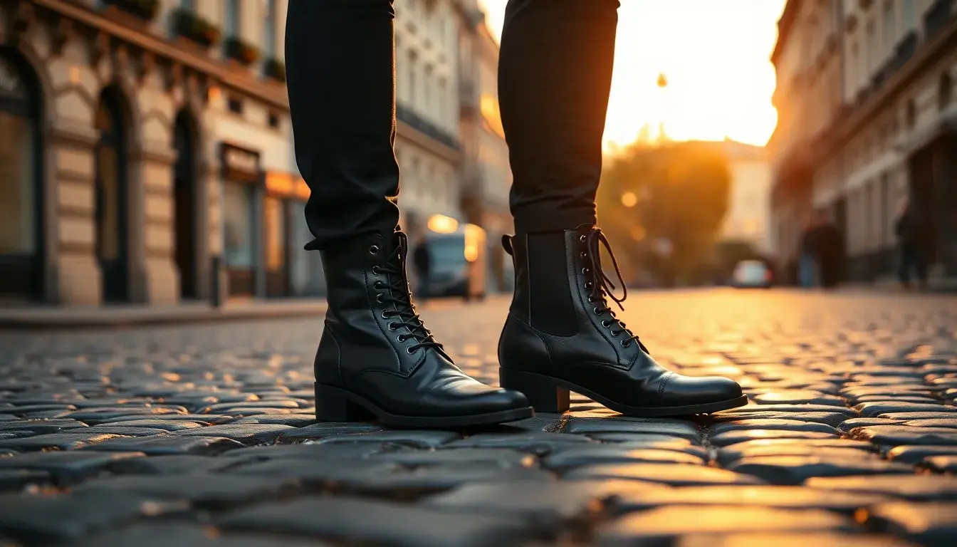 Bottine noir en cuir femme élégante sur un sol en pavés parisiens.
