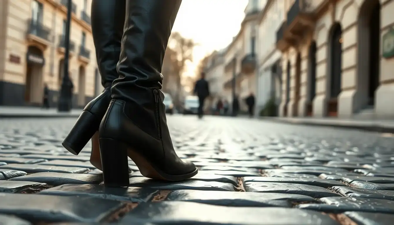 Paire de bottines noire cuir élégantes posées sur des pavés citadins au lever du soleil