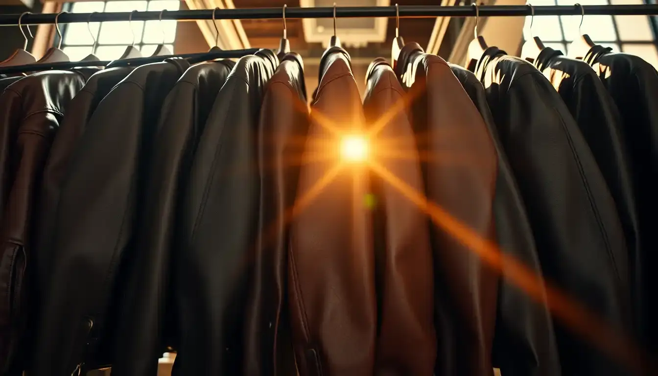 Collection de vestes en cuir pour homme suspendues dans un loft moderne aux tons chauds