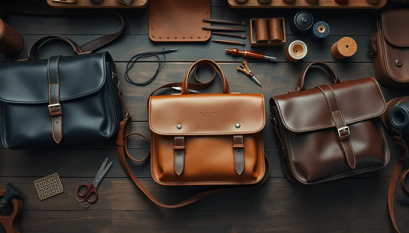 Différents modèles de sacoche homme cuir posés sur un établi en bois avec des outils d'artisanat.