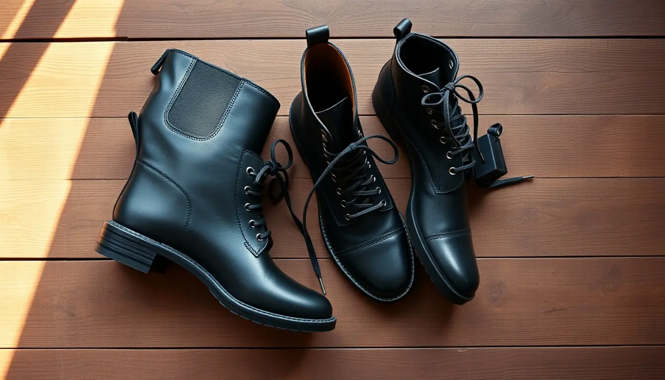 Différents styles de bottines noir en cuir de qualité posées sur un sol en bois