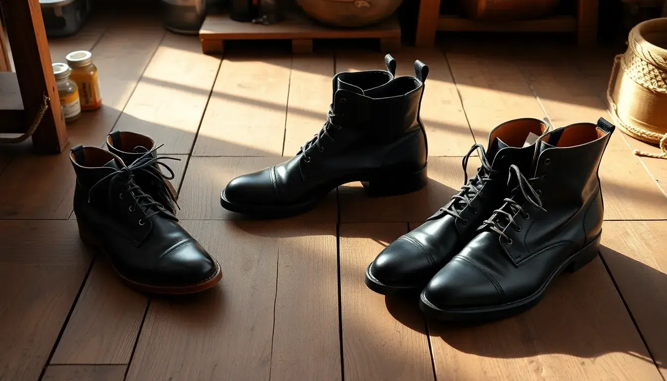 Paire de bottines noire cuir élégantes posées sur un parquet en bois rustique