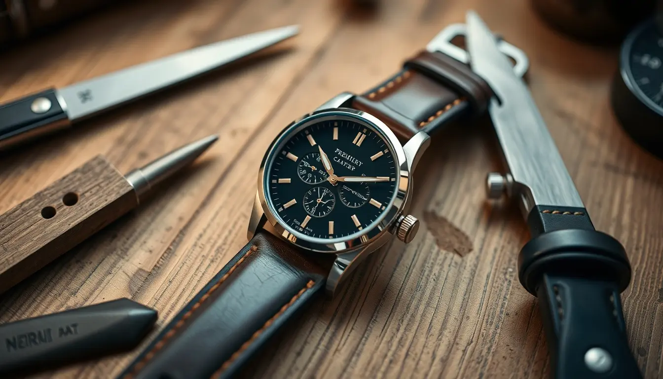 Bracelet cuir montre de haute qualité sur une table d'artisan avec outils de maroquinerie