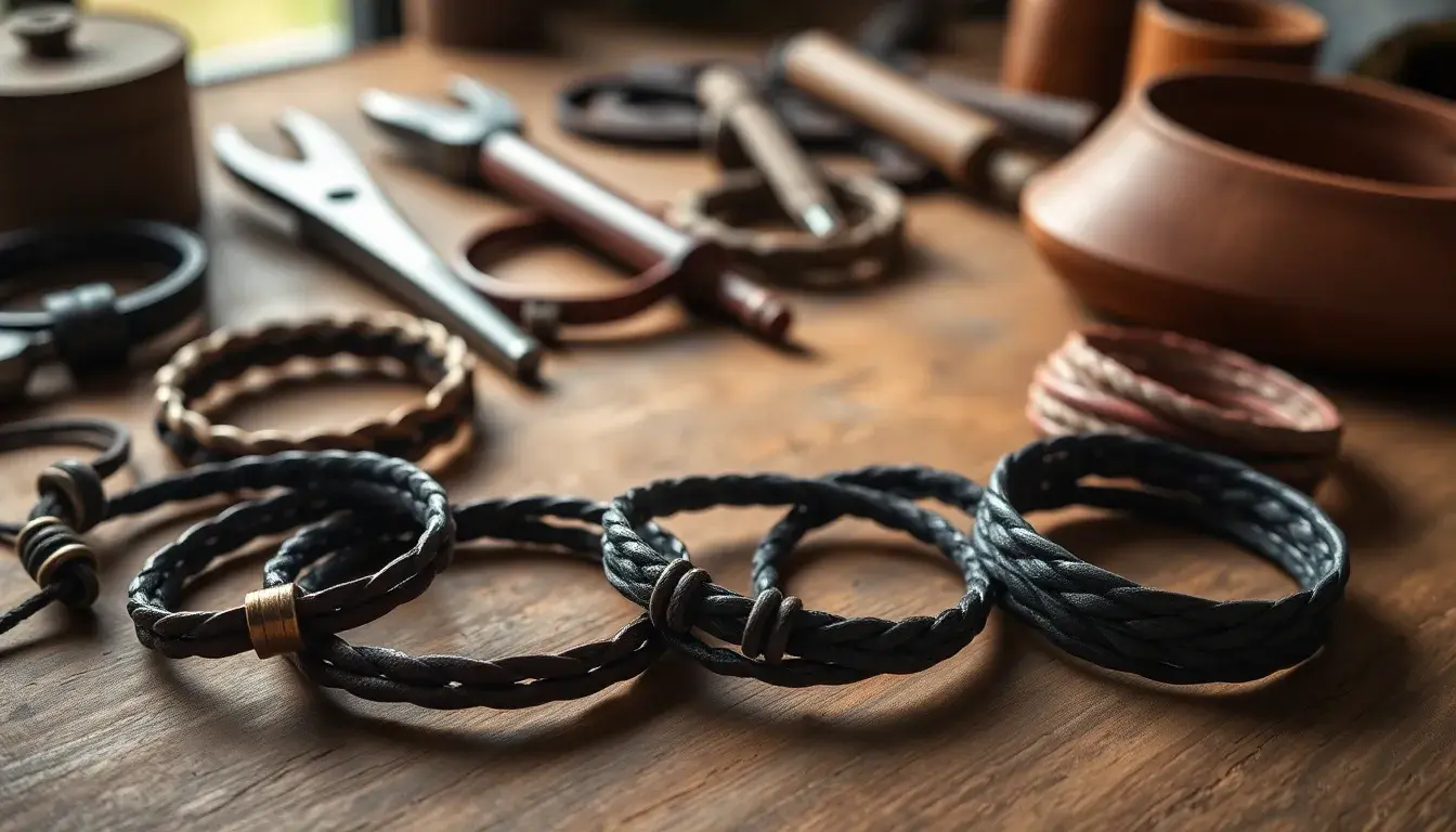 Différents styles de bracelets en cuir posés sur un établi d'artisan avec des outils de maroquinerie.