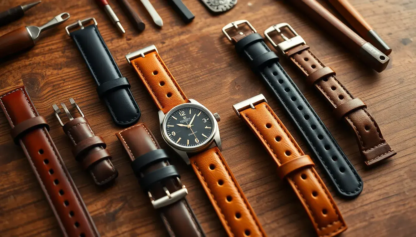 Différents styles de bracelets de montre en cuir posés sur un établi d'artisan.