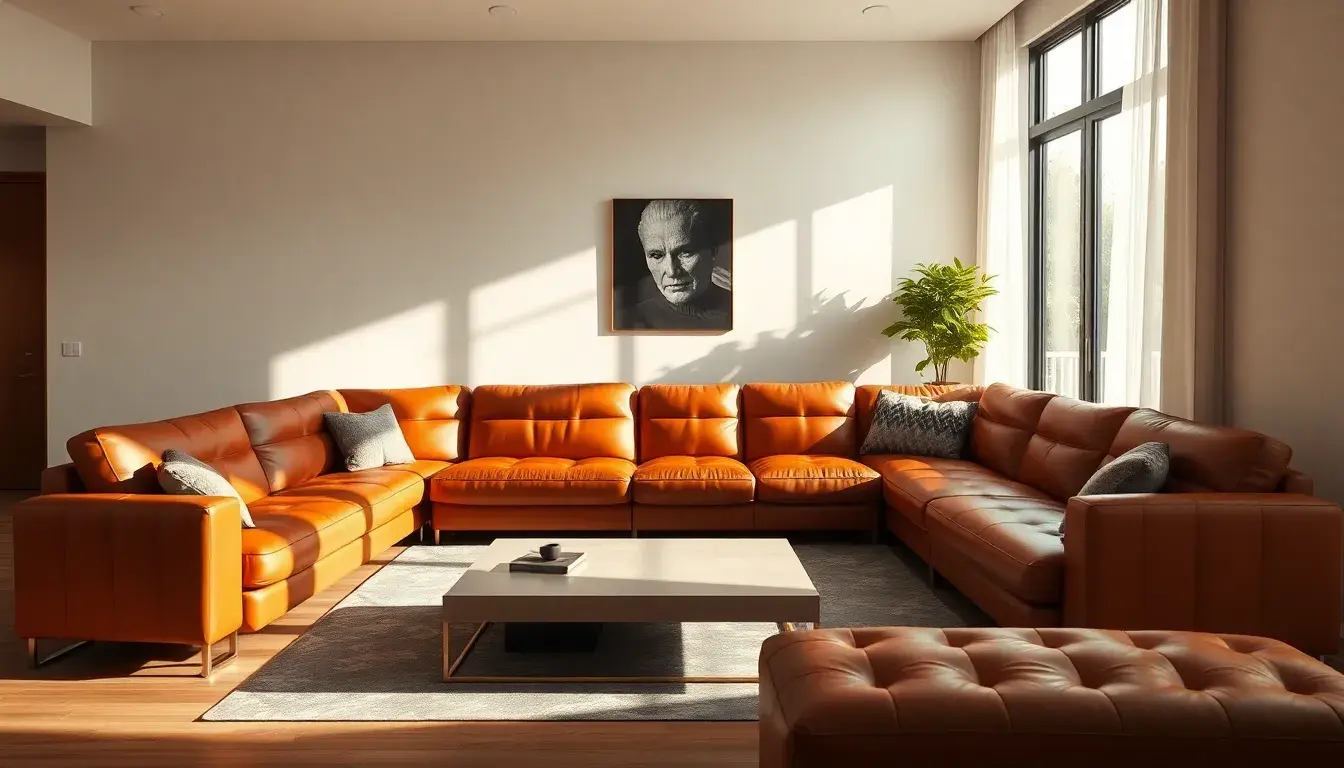 Canapé d'angle en cuir marron chaleureux dans un salon moderne et lumineux