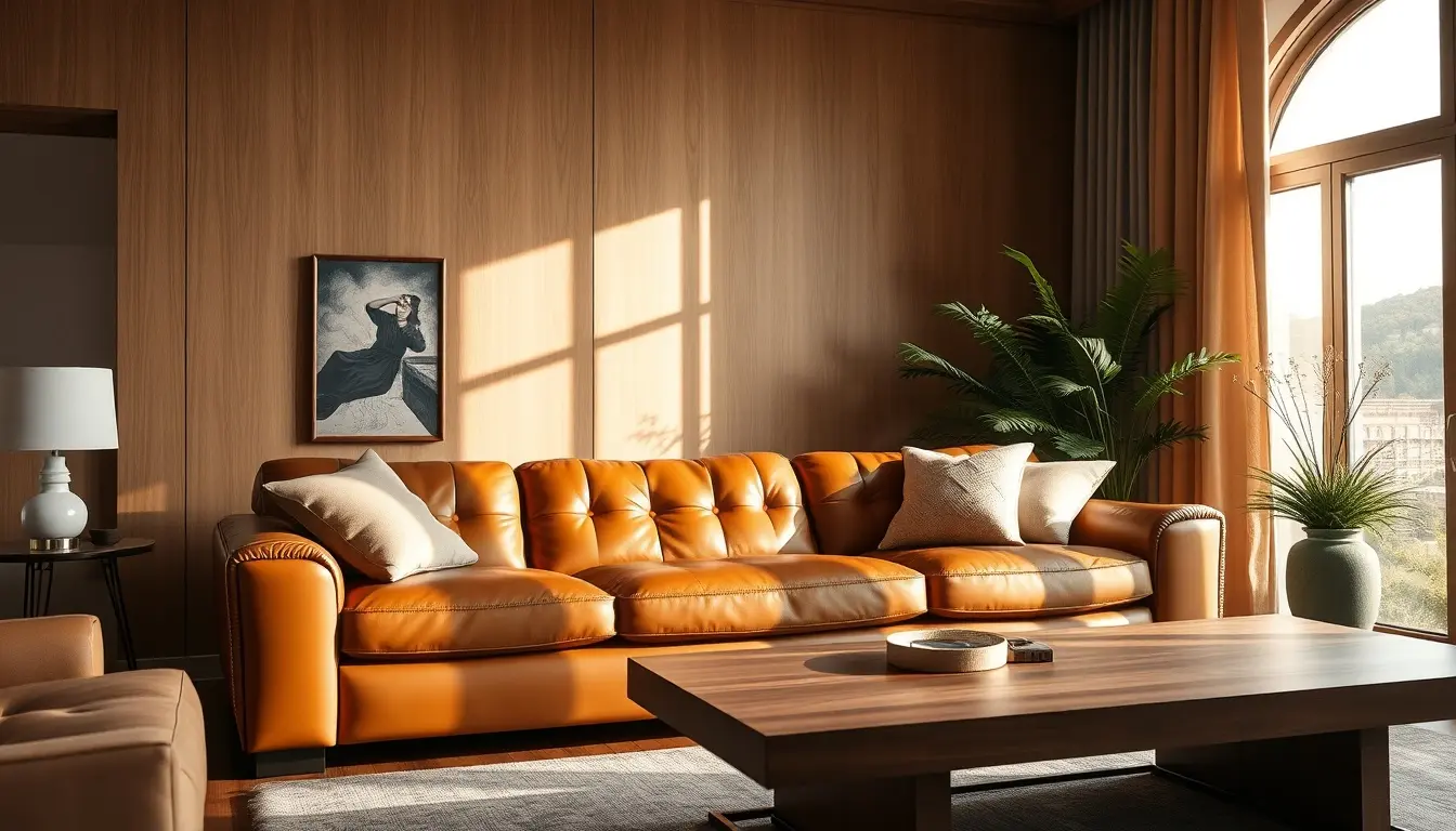 Canapé en cuir pleine fleur marron cognac dans un salon moderne et lumineux
