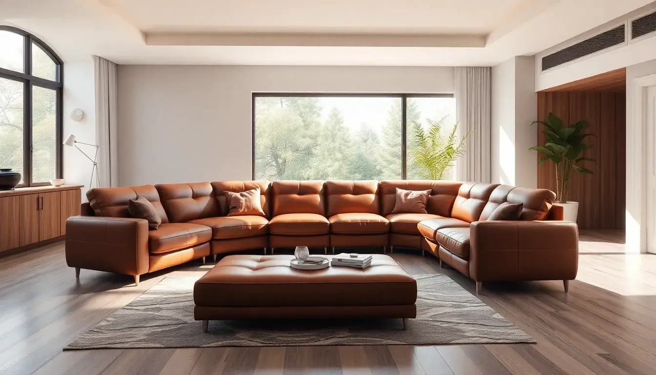 Canapé cuir en angle marron dans un salon moderne et lumineux