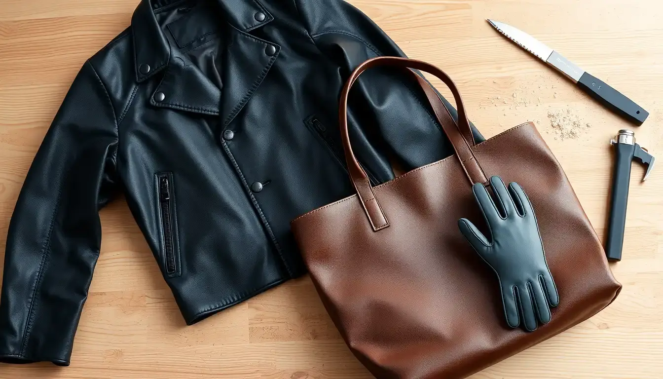 Produits en simili cuir de haute qualité incluant une veste et un sac posés sur une table en bois.