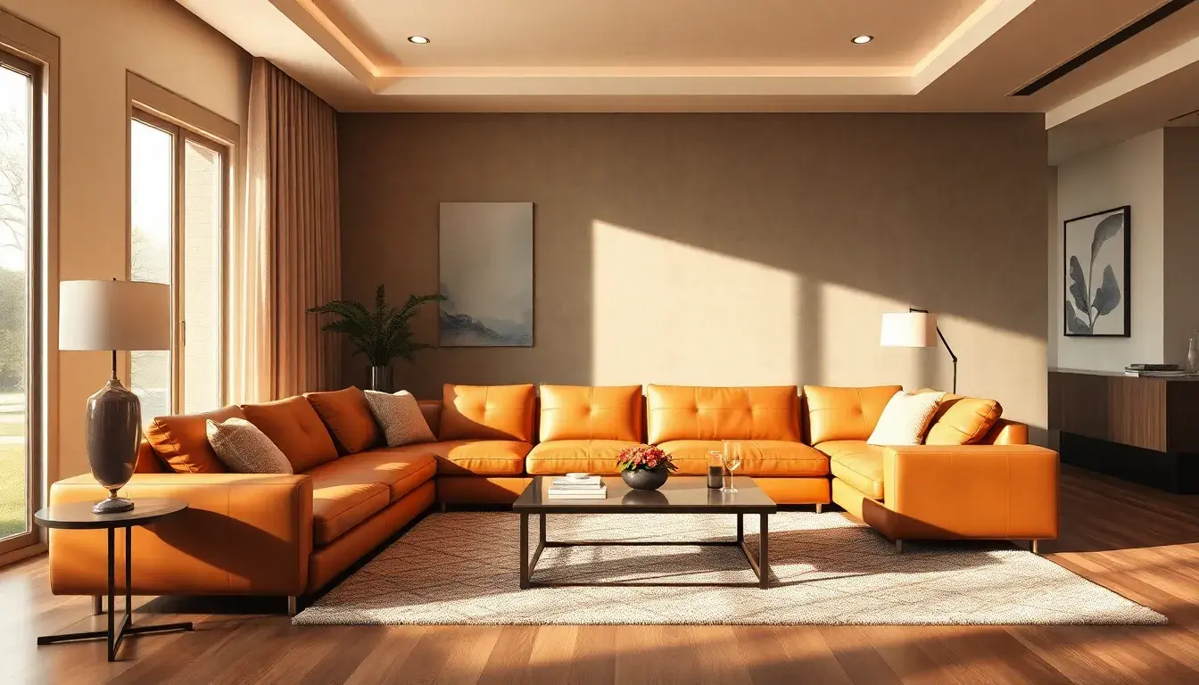 Canapé d'angle moderne en cuir simili beige dans un salon lumineux