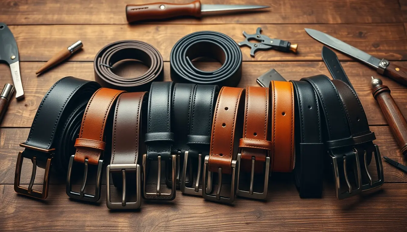 Différentes ceintures homme en cuir de haute qualité disposées sur une table en bois