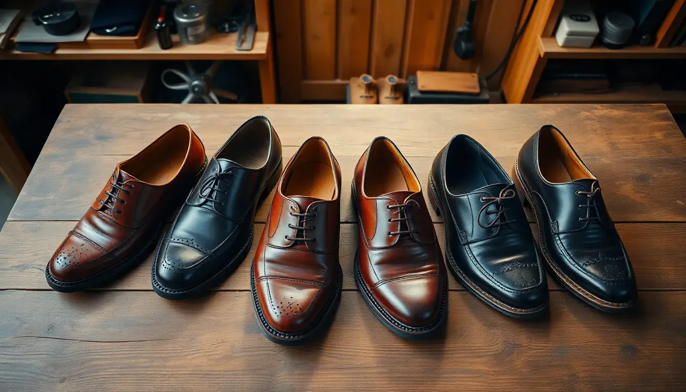 Différents styles de chaussures en cuir posés sur un établi en bois artisanal