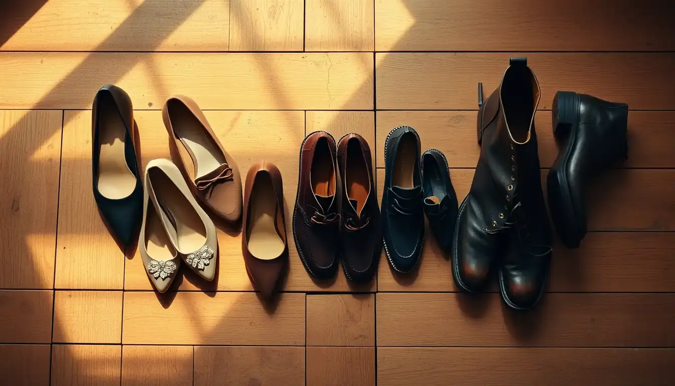 Collection de chaussures en cuir femme élégantes sur un parquet en bois naturel