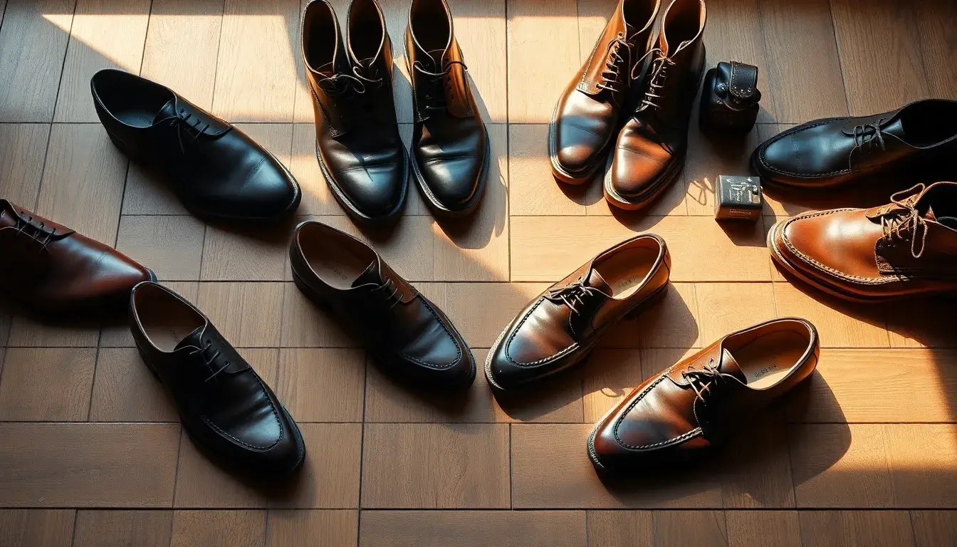 Collection de chaussures cuir pour homme incluant des mocassins et des bottines sur bois rustique