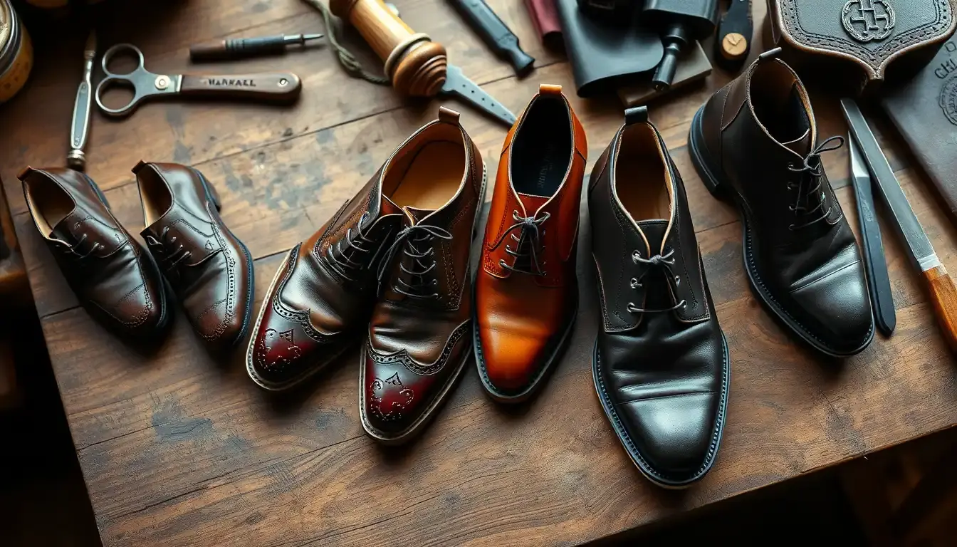 Collection de chaussures en cuir homme haut de gamme sur un établi d'artisan