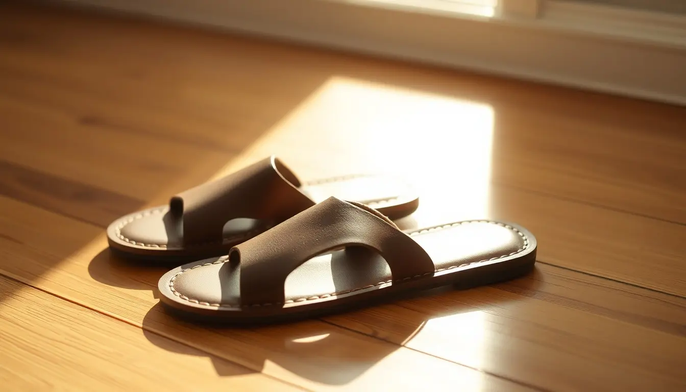 Claquette cuir homme haut de gamme sur parquet ensoleillé style minimaliste