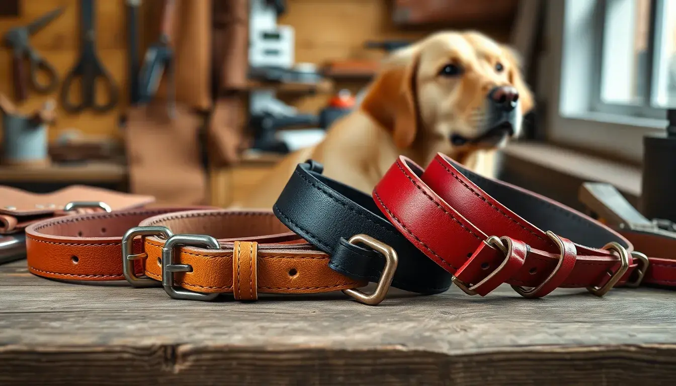 Différents modèles de collier cuir chien posés sur un établi en bois artisanal