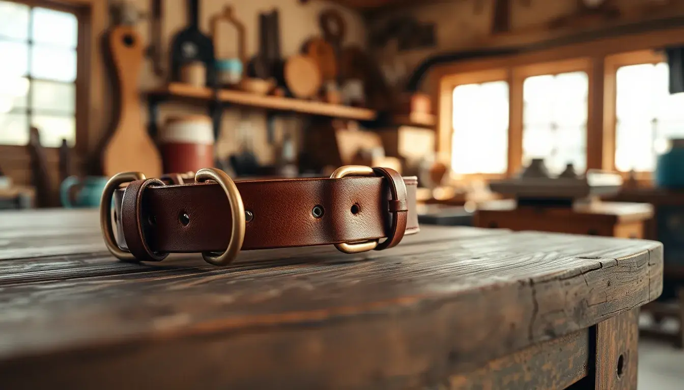 Gros plan d'un collier en cuir pour chien artisanal avec boucles en laiton sur table en bois
