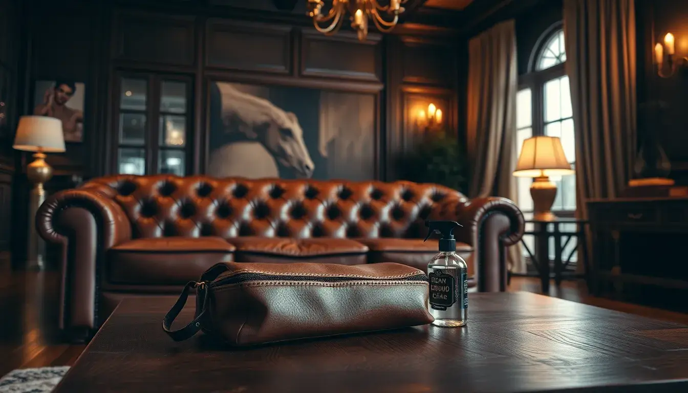 Salon chaleureux avec un grand canapé en cuir véritable et des accessoires d'entretien