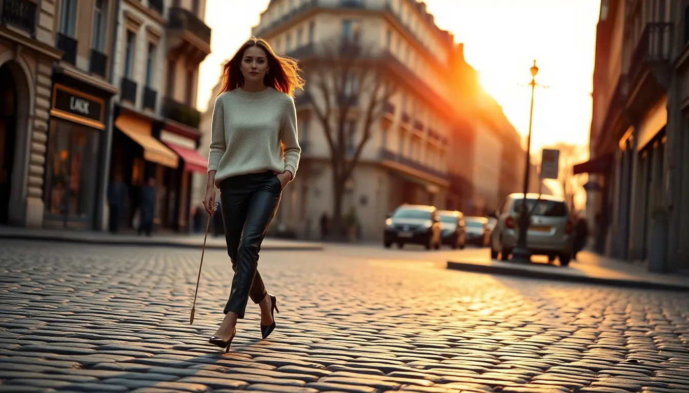 Femme élégante portant un pantalon en cuir noir sur une rue pavée
