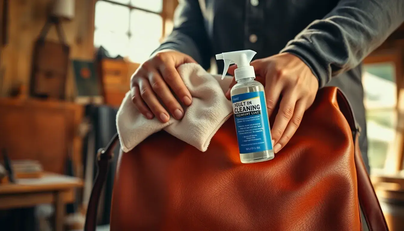 Main de l'expert utilisant un kit cuir nettoyage sur un sac vintage en cuir cognac