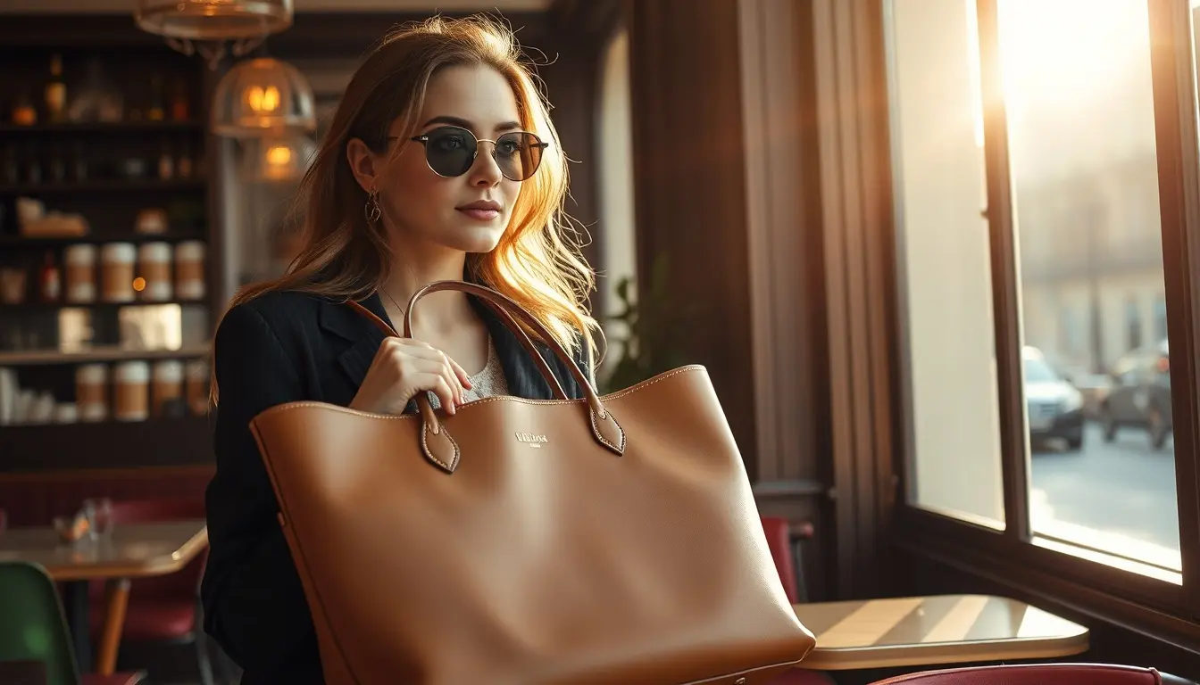 Femme élégante avec un grand sac fourre-tout en cuir marron de haute qualité.