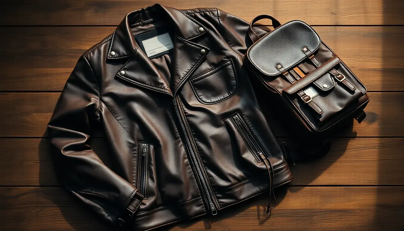 Collection d'accessoires en cuir vegan stylés incluant veste, sac et portefeuille.