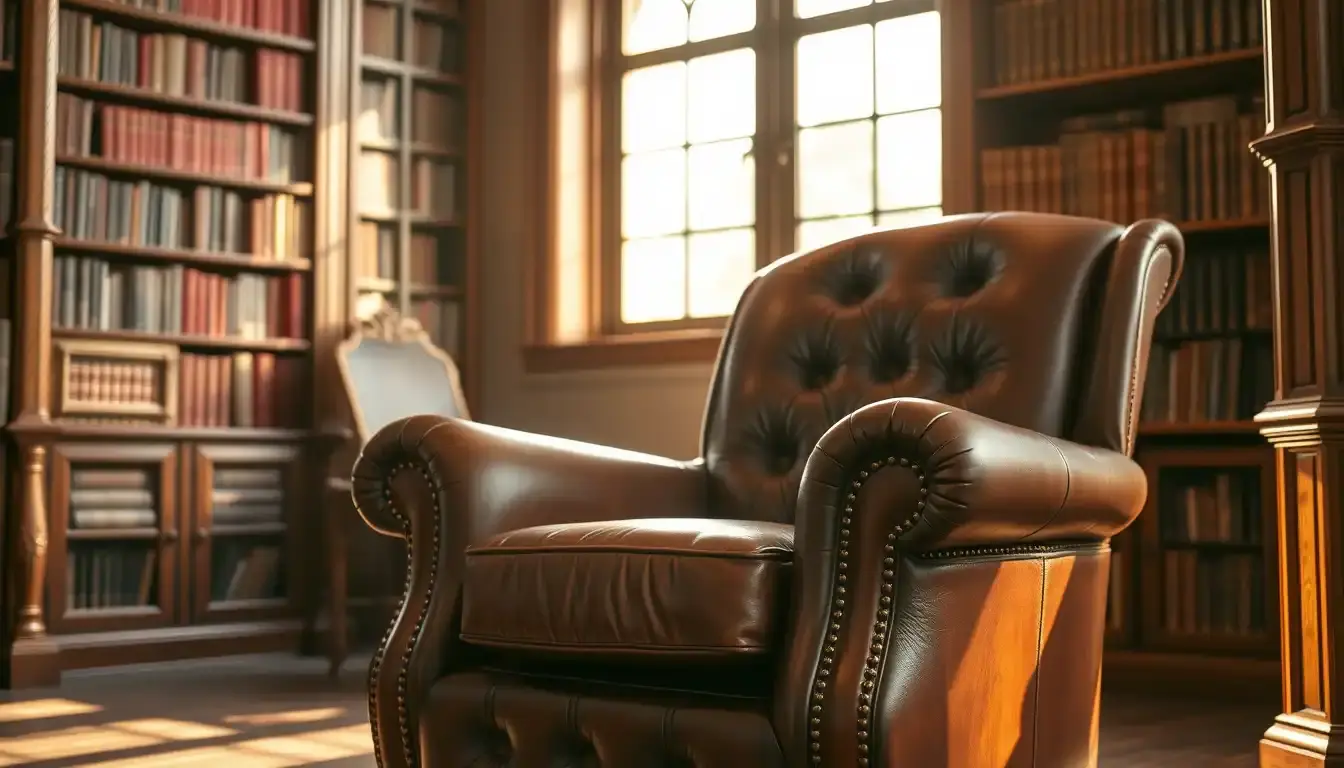 Fauteuil club en cuir vintage marron avec une patine naturelle dans un salon chaleureux