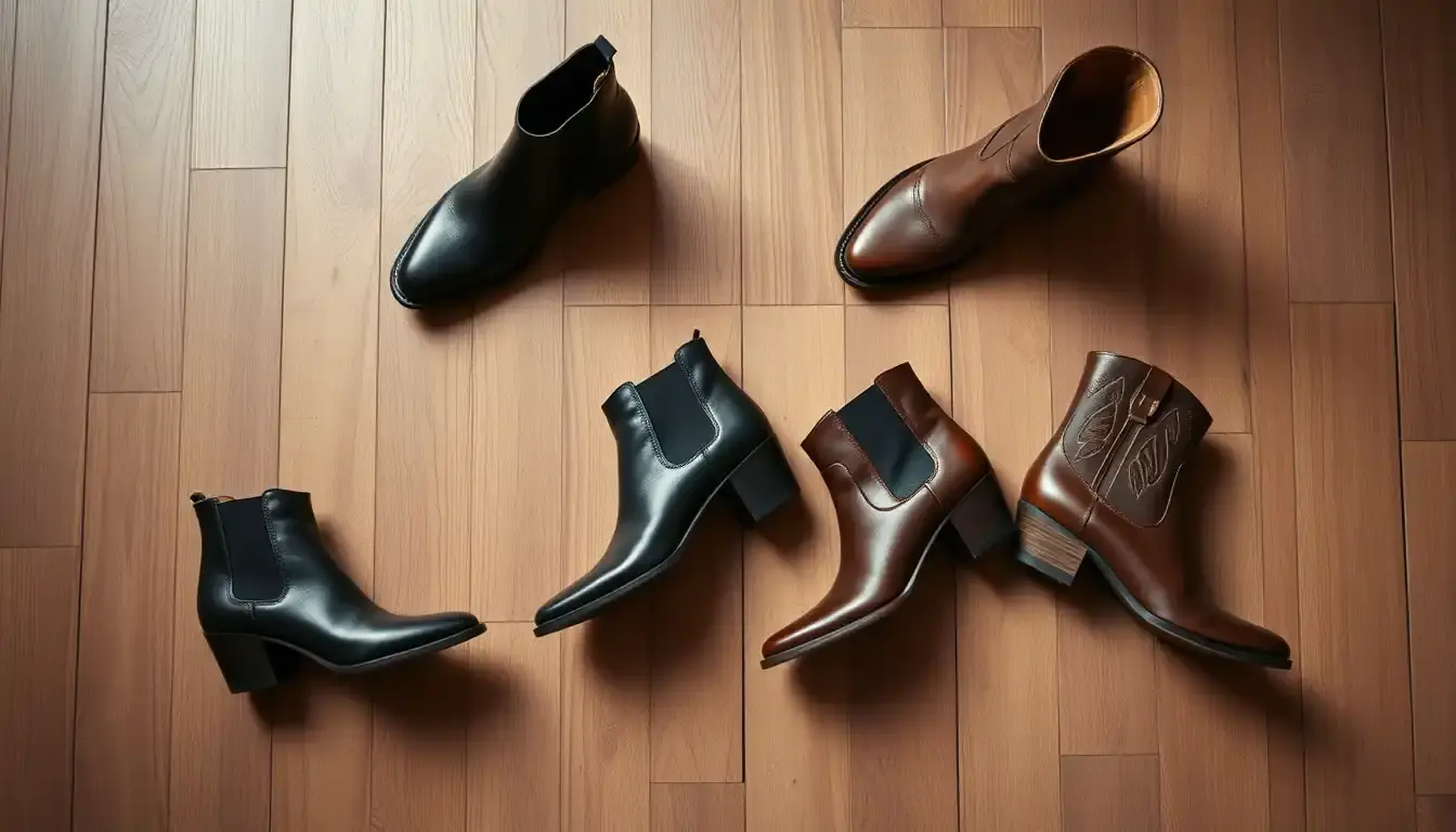 Collection de bottines cuir femme élégantes sur un sol en bois rustique