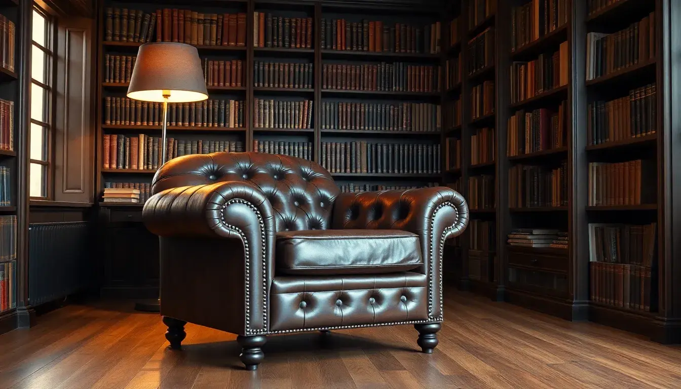 Fauteuil cuir club vintage dans un salon chaleureux avec bibliothèque en arrière-plan