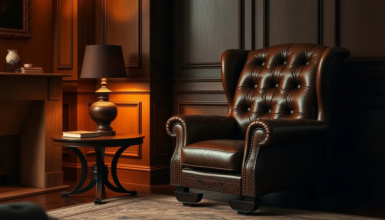 Fauteuil en cuir pleine fleur vintage dans un salon chaleureux avec lumière tamisée.
