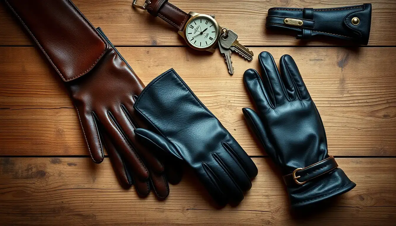 Différents styles de gants en cuir homme disposés sur une table en bois rustique.