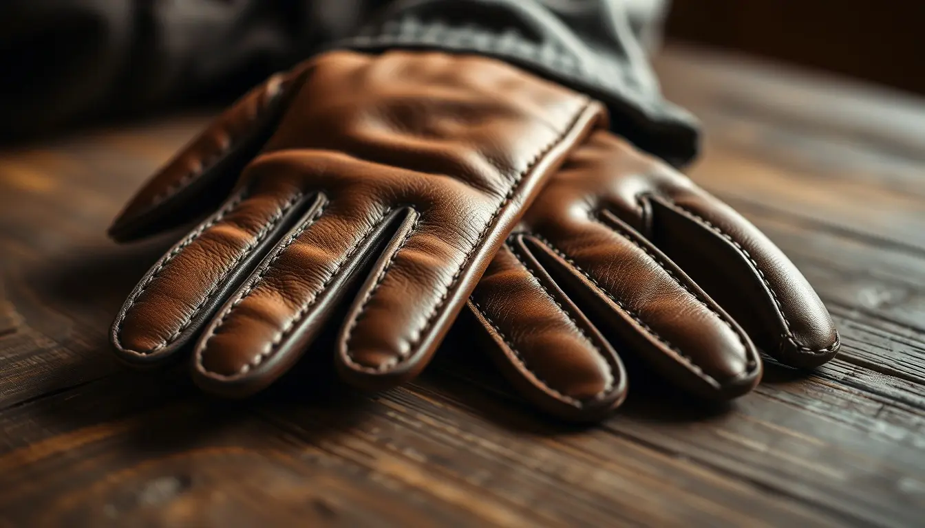 Gants en cuir de luxe pour homme posés sur un établi en bois artisanal