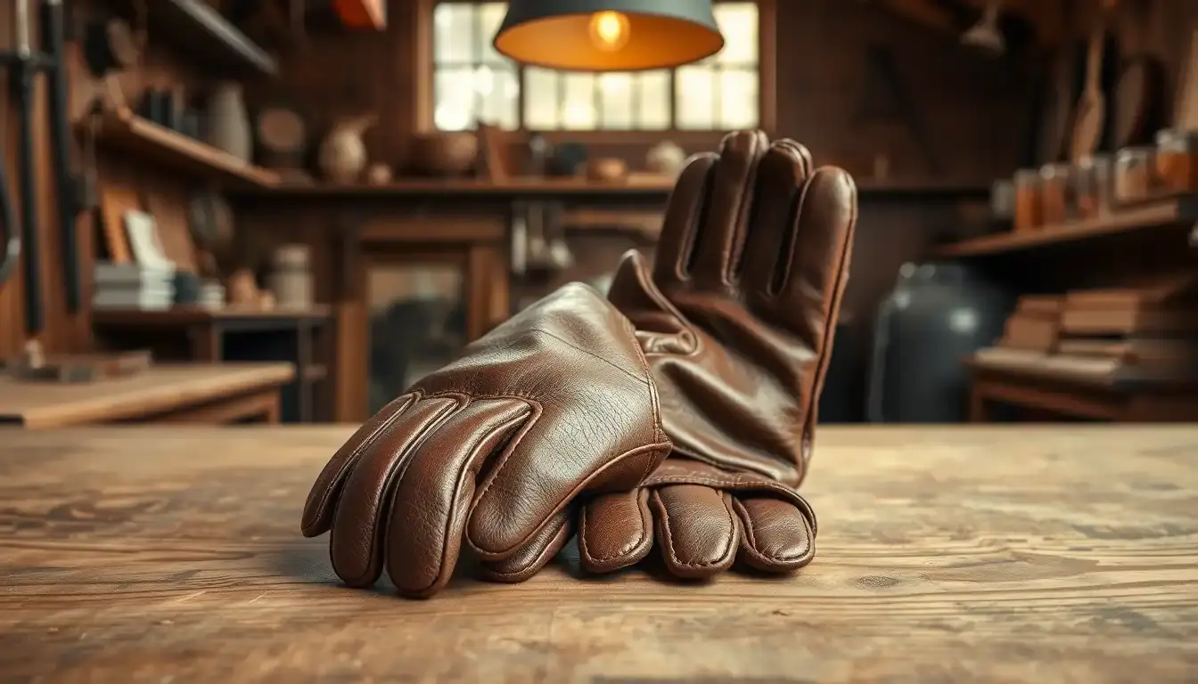 Gants en cuir marron artisanal sur bois rustique avec grain naturel apparent