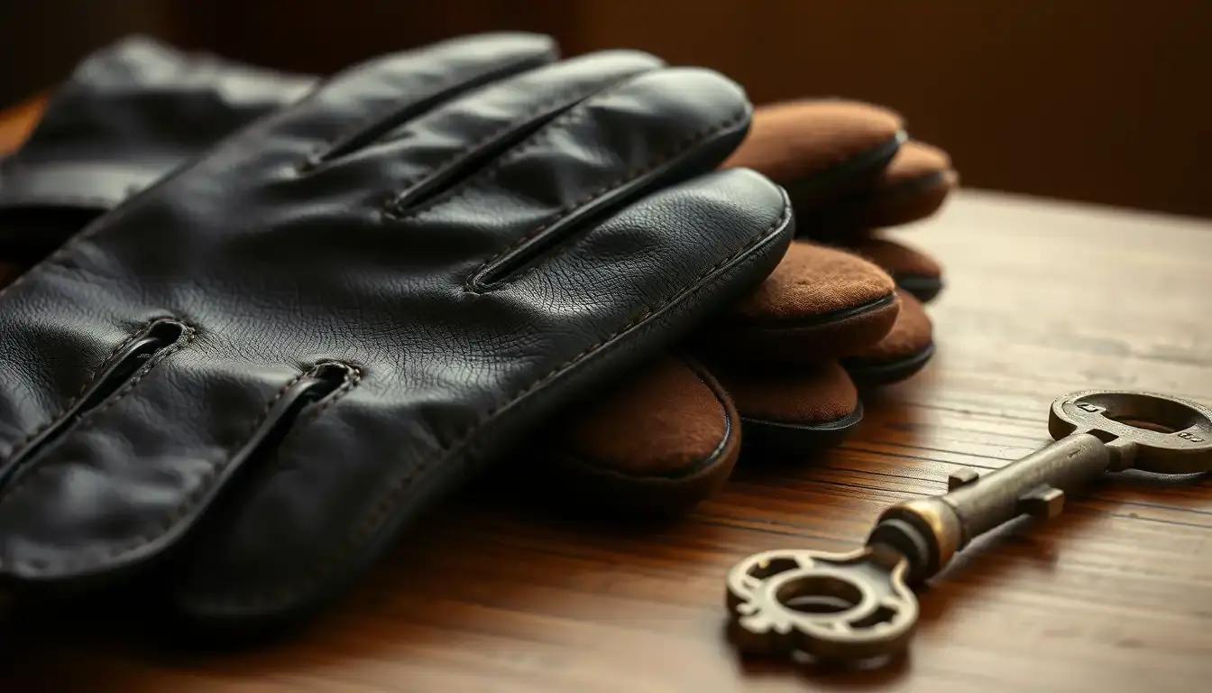 Paire de gants en cuir homme haut de gamme sur une table en bois rustique