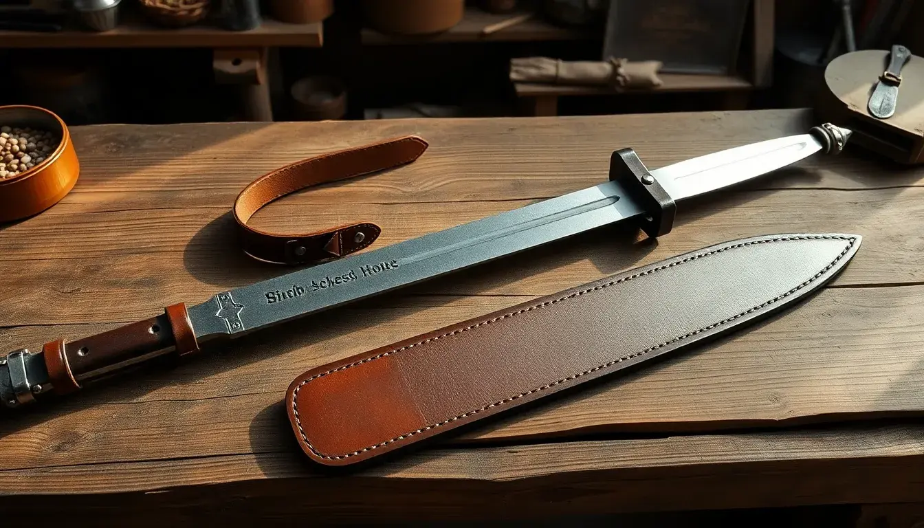 Fourreau d'épée en cuir brun artisanal posé sur une table en bois rustique