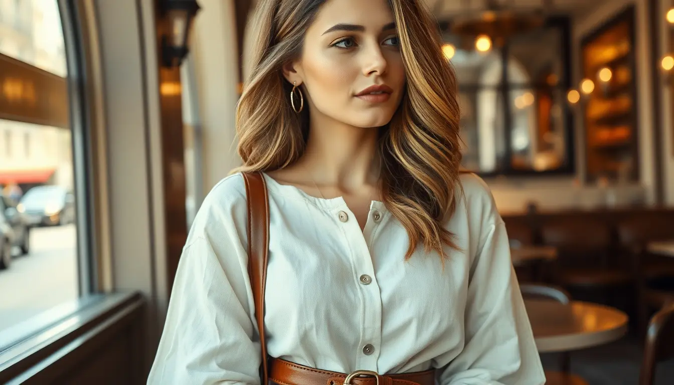 Ceinture cuir femme élégante portée sur une robe en lin dans un café parisien